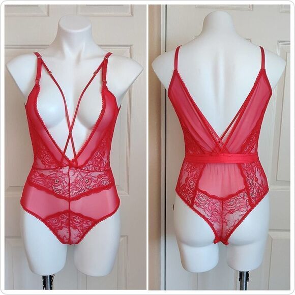 Oh la la Cheri Paris Red Viviane V-Plunge Lace Teddy sz M - Picture 5 of 15